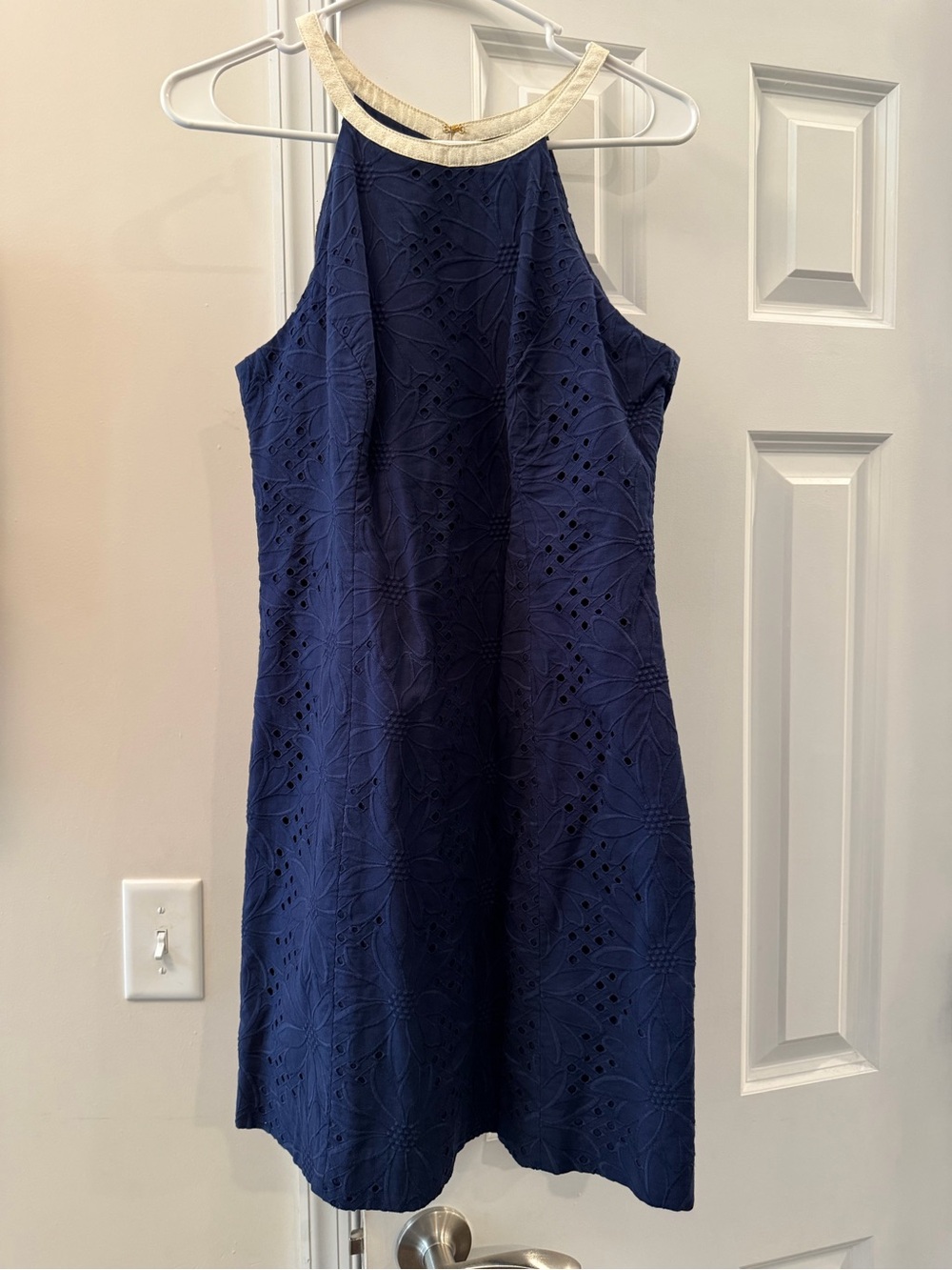 Lilly Pulitzer Navy Eyelet Halter Dress with Ivory Neck Trim